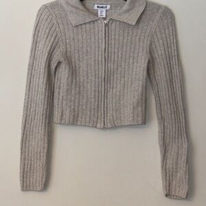 William Rast Cream Ribbed Zip-Up Sweater